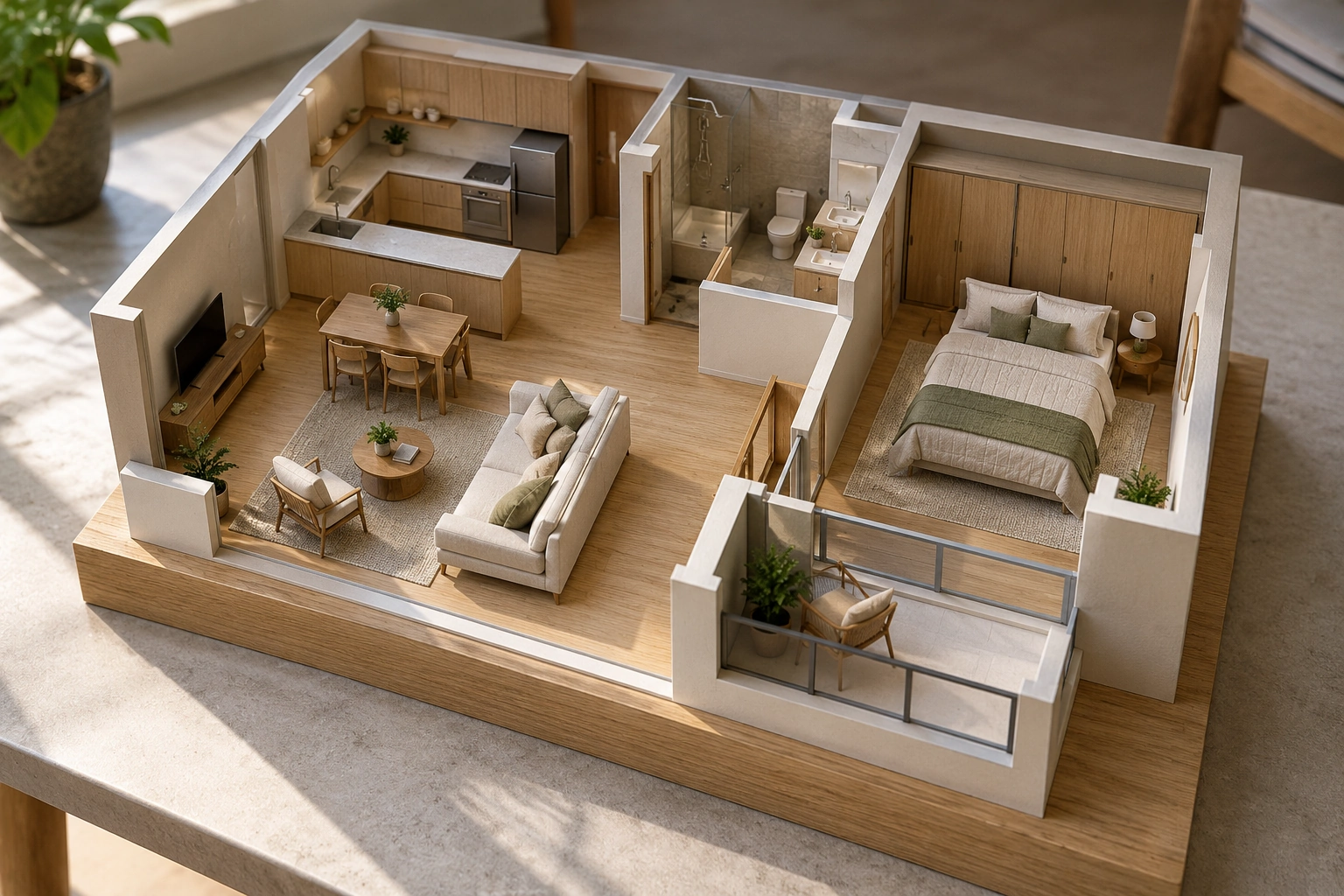 Étude visuelle IA: schéma isométrique des zones de mobilier