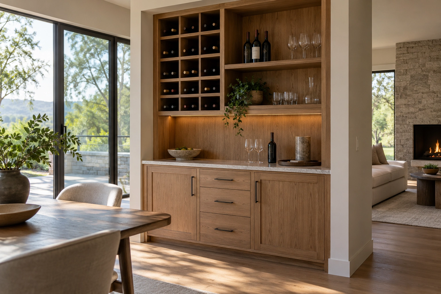 Étude visuelle IA: meuble à vin intégré avec étagères et plan