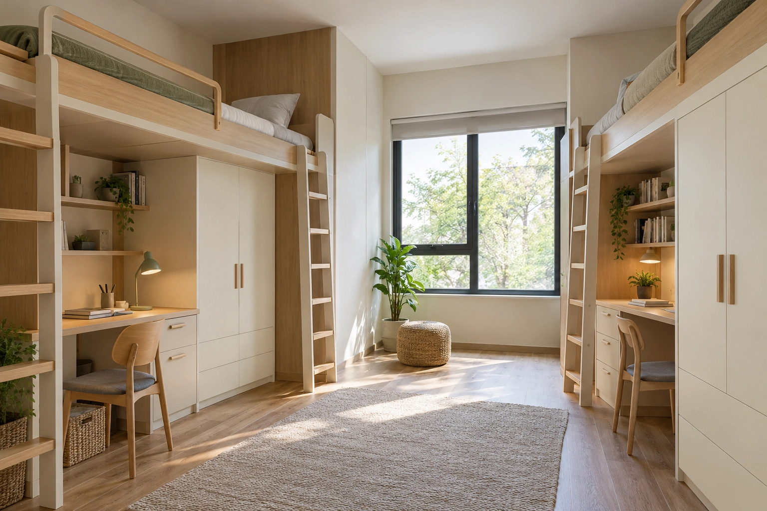 Estudio visual con IA: camas elevadas con escritorios y armarios (referencia visual P17)