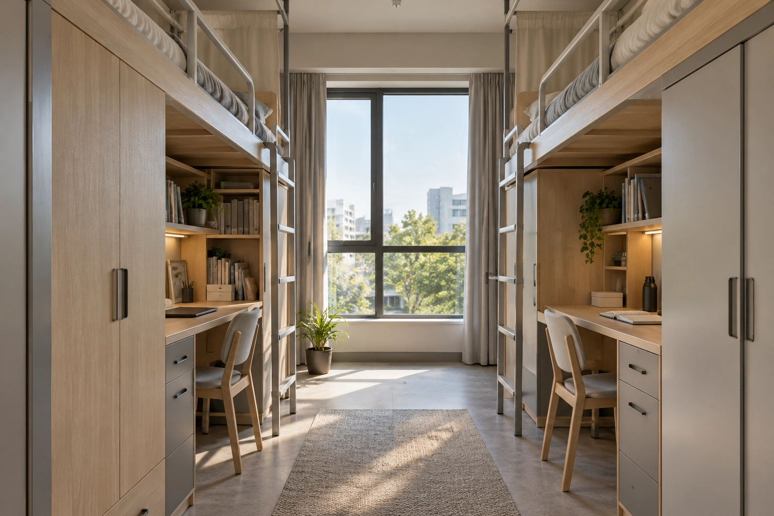 Étude visuelle IA: lits surélevés avec bureaux et armoires (référence visuelle P31)