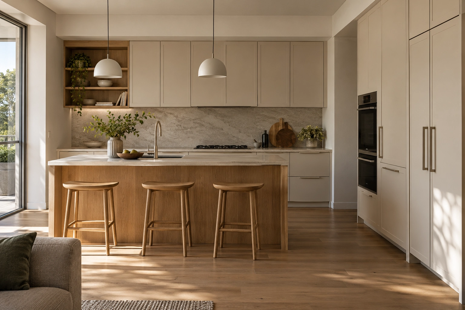 Étude visuelle IA: meubles de cuisine ton bois et îlot (référence visuelle P41)