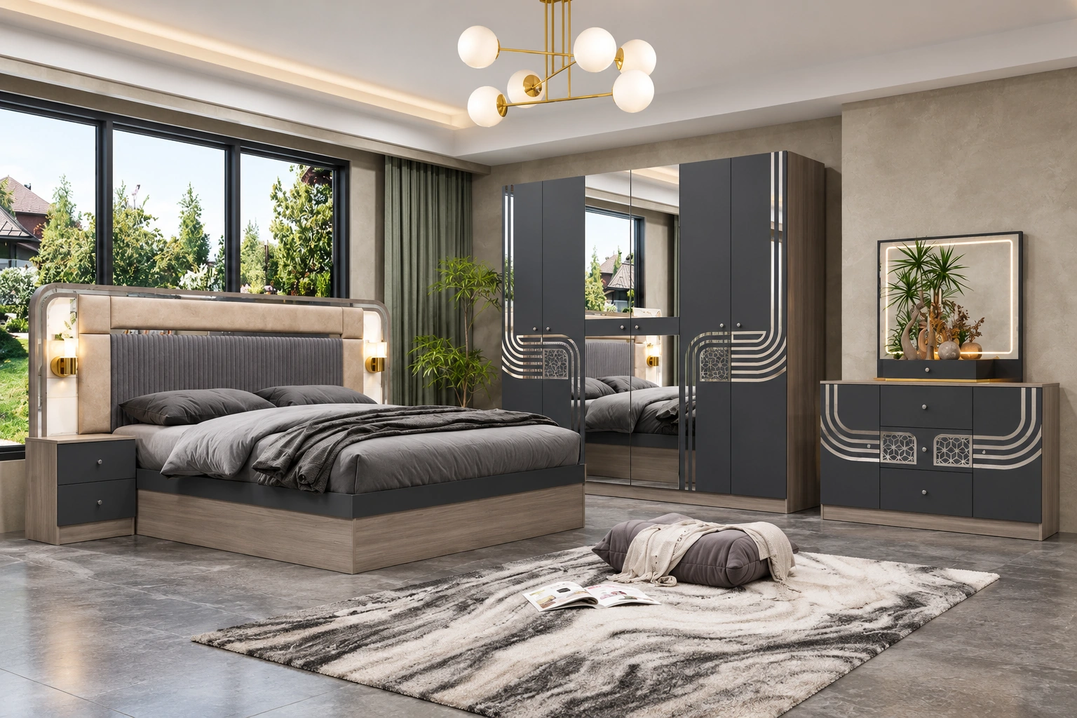 AI reconstruction: a dark bedroom furniture set with coordinated bedside units (B002)